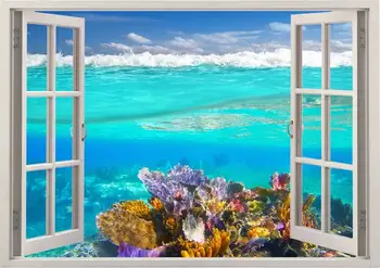 Podvodná stenu, nálepky Koralový útes 3D okno, tichom stenu kotúča, pre domova, farebné more múr umenia pre predškolské deti deťom h