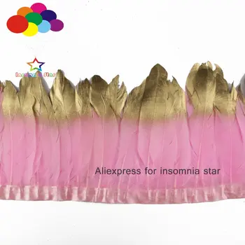 2 Meter svetlo ružové farebné Goose fringe farba zlata tipy Perie Trim s Saténová Stuha Pásky centrum plumas faisan zobraziť