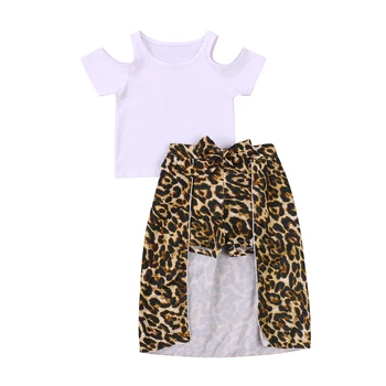 2021 2-7Y Módne Batoľa Dievča Oblečenie Mimo Rameno Krátke Sleeve T-shirt Top+Leopard Tlač Šortky Sukne 2ks Letné Oblečenie Set