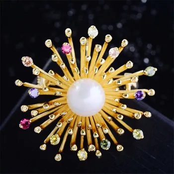 OKILY Elegantná Zlatá Farba Ohňostroj Šperky Luxusný Pearl Slnečnice Brošne Pin pre Ženy Kabát Príslušenstvo Nový Rok 2021 Darček