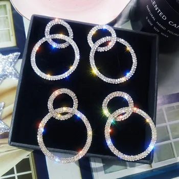 Kórejský Štýl Veľký Malý Kruh Drahokamu Luxusné náušnice Zlaté Strieborná Farba Crystal Náušnice Pre Ženy, Svadobné Party Šperky, Darčeky