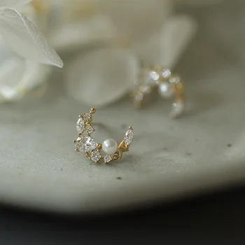 Romantický pearl stud náušnice pre ženy Mesiac tvar Jasné, zirkón 925 silver jemné šperky, Vintage štýl lalôčikom piercing príslušenstvo
