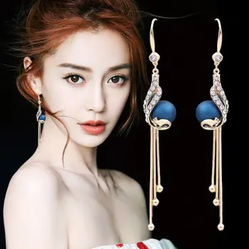 Novej kórejskej verzii páva pearl strapec dlhé náušnice zirkón pearl náušnice temperament ženské svadobné hostiny darček náušnice