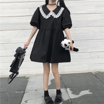 Japonský Škole Štýl Tmavé Voľné Šaty dámske Nové Letné All-zápas Sladké Roztomilý Lístkového Rukáve Malé Čierne Šaty lolita šaty