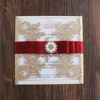 Zimné Svadobné Oznámenia Snowflake Laserom Rezané Tému Party Pozvať Burgundsko Čipky Brošňa Prospech Dekorácie Prispôsobené Dizajnu 50 Sady