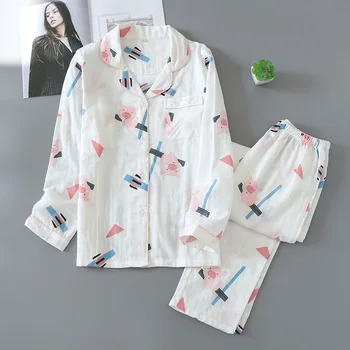 Japonský jar a na jeseň 100% bavlna gázy dámske pyžamo nastaviť, tenké, mäkké domáce oblečenie, dlhé rukávy nohavice, pyžamá pre ženy