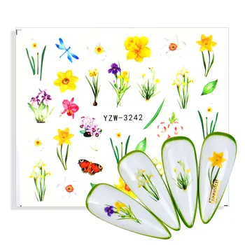 3D Nail Tetovanie Nálepky Vodoznak Kvet Tropické List Rastliny Hyacint Daffodil Chryzantéma Vody Prenos Nail Art Decor Odtlačkový