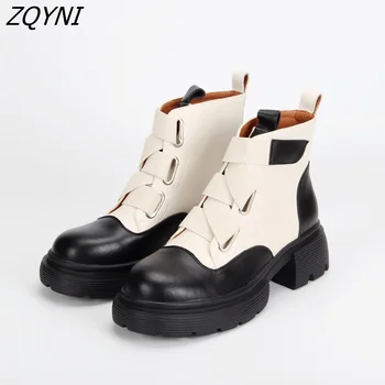 ZQYNI-Originálne dámske kožené čižmy s platformou teplé, hrubé soled topánky čiernej a bielej voľný čas jeseň a v zime novinka