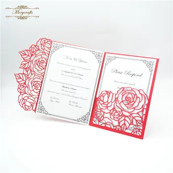 Rose laserom rezané vrecku zložené červené svadobné karty pozvánky