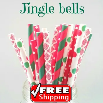 200pcs Zmiešané 4 Vzory Jingle Bells Tematické Papier Slamky-Zelená a Červená-Pruhované,Bodka,Damašku, Vianočný Večierok Retro Slamky na Pitie