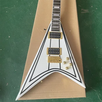 V zásob Vlastnej tvarované elektrická gitara, biela V asymetrickej telo s čiernym vzorom, rosewood hmatníkom, zlatá farba hardvéru