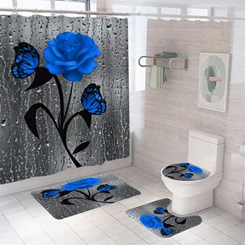Modrá Dewdrop Rose Sprchový Záves S Háčikmi 4 Ks Vaňa Set S Wc Kryt Mat Nastaviť HD Vytlačené Motýľ Koberce Pre Kúpeľňa