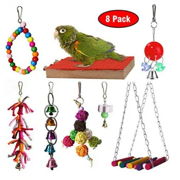 Papagáj Skus Hračka Pet Vták Drhnúť Mostík Swing Krúžok Bell String 8-Dielna Sada