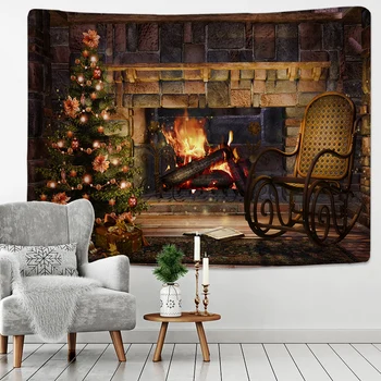 Home Decor Vianočné Gobelín Vianočný Stromček a Krb v Teple Domova Tlač Stene Visí na Pozadí Textílie 230x180cm tém
