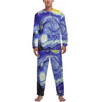 Van Gogh Horách Pyžamo Jeseň 2 Kusy, Hviezdna Noc Elegantné Pajama Sady Mužov Dlhý Rukáv Estetické Vzor Sleepwear
