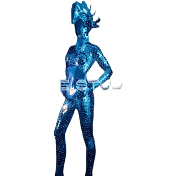 Strieborné Zrkadlo jumpsuit flash sklo pokrývky hlavy ženy gogo dance headdress nočný klub spevák, tanečník výkon Úlohu kostým