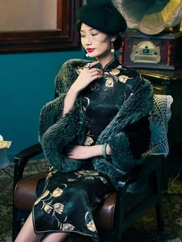 Čínske Šaty Hodvábna Čierna Qipao Večerné Šaty MediumSleeve Plus Veľkých Tlačených Cheongsam Šaty Tradičné Retro Cheongsams