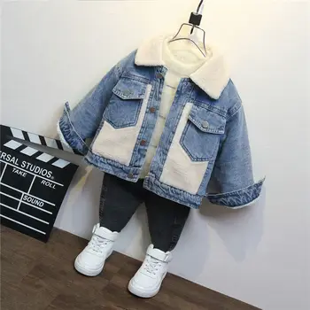 Chlapca Bundy 2021 Nové Zimné Denim Plus Velvet Hrubé Oblečenie Kórea Štýl Pekný Veľký Chlapec Baránok Cashmere Coats
