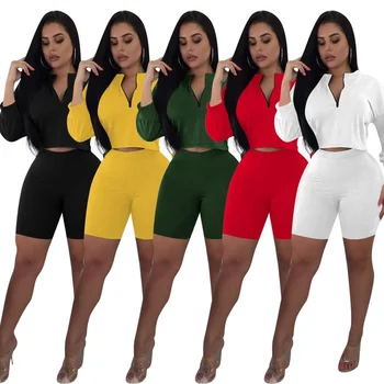 2021 Letné dámske 2-Dielna Sada Bežné Vyhovovali Sexy V-Neck Tričko Krátky Top Solid Farba Kolená Dĺžka Nohavice Slim Športové oblečenie
