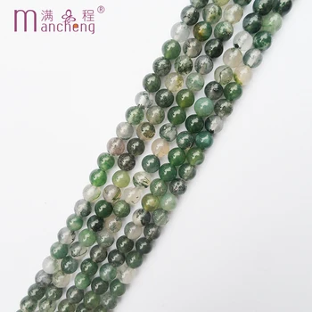 Prírodné 8MM zeleného machu Achát perličiek Kameň Kolo Voľné Korálky moss Achát drahokam perličiek, Takže náramok, náhrdelník šperky(47-48 korálky)