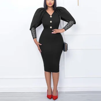 Kancelárske Šaty pre Ženy Profesionálne Black Elegantný V Krku Tlačidlo Vysoký v strede zúžený Bodycon Pracovného Nosiť Šaty Midi Handričkou Hot