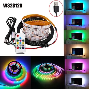 WS2812B RGB LED Pásy DC 5V USB 1m/2m/3m/4m/5m WS2811 IC vstavané SMD 5050 Adresný Led TV Zadné Svetlo+ USB, Diaľkové ovládanie