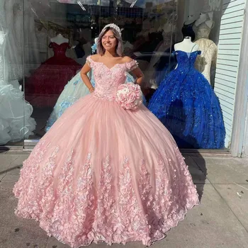 Luxusné Nové Ružové Quinceanera Šaty Sequined Lištovanie Appliques 3D Kvety Krátky Rukáv Milú, plesové Šaty, Vestidos De Fiesta
