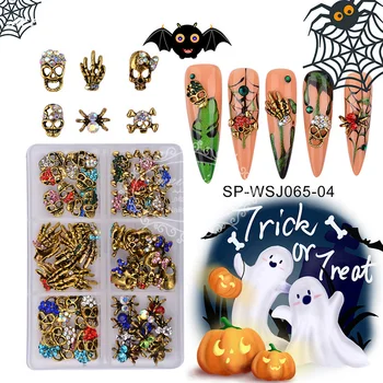 60Pcs Halloween Ozdoby na Nechty Umenie Kovové Dekorácie Zlato, Striebro Retro Čierny Lebkový Spider Strane Skeletu Dizajn Nechtov Príslušenstvo