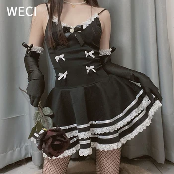WECI Žien Lolita Sexy Slúžka Cosplay Kostým Roztomilé Čierne Princezná Šaty Anime Punk Školské Dievča, Gotické Oblečenie S Klobúk, Rukavice Nové