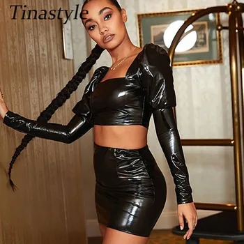 Tinastyle Black PU Koža Sexy Sukne Ženy Dve Kus Dlhý Rukáv Lístkového Rukáv Plodín Hore a Vysoký Pás Mini Sukne 2 Kusy