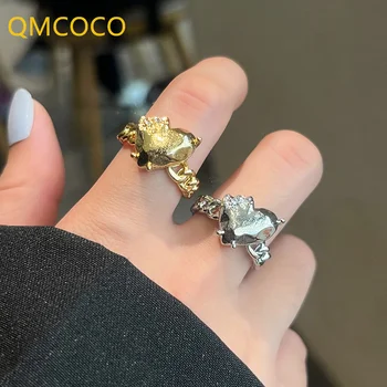QMCOCO Strieborná Farba Tvorivé Jednoduché Nepravidelný Srdcový Zirkón Nastaviteľné Prstene Pre Ženy, Páry kórejský Fashion Party Šperky