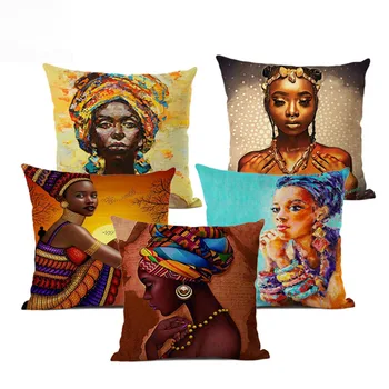 Móda Africké Dievča Lady olejomaľba Čierne Ženy Domov umeleckou Výzdobou Gauč Hodiť Vankúš Bavlnené Obliečky Vankúš 45x45cm