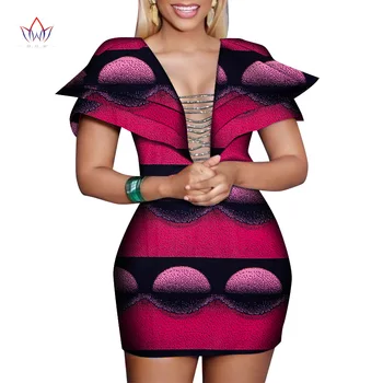 Nové Bazin Riche Afriky Hlboké V-neck Sexy Šaty pre Ženy Dashiki Tlač Mini-dĺžka Šaty Žien Afriky Oblečenie WY8286
