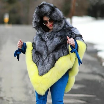 Móda Reálne Silver Fox Kožušiny Plášte s Kapucňou Hrubé Teplé Kožušiny Zimné Zvrchníky Outwear Prírodné Plný Pelt Fox Kožušiny Pončá Žena