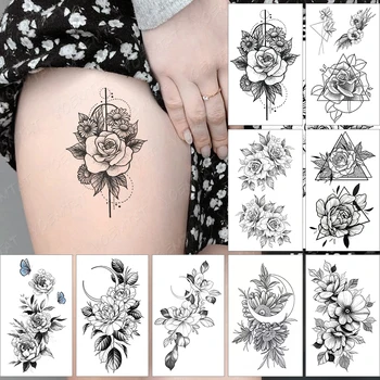 Nepremokavé Dočasné Tetovanie Nálepky Black Point Line Slnečnice Geometrické Rose Flash Tetovanie Falošné Tatto Na Telo Umenie Ženy Muži