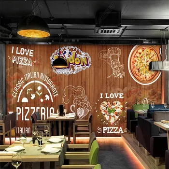 Vlastné Nostalgické Retro Pizza Shop Papier Pozadí Steny 3D Fast Food Reštaurácia, Snack Bar Priemyselné Dekor nástennú maľbu, Tapety 3D
