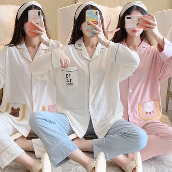 2022 Jar Jeseň Dlhý Rukáv Bavlna Pajama Sady pre Ženy kórejský Roztomilý Sleepwear Vyhovovali Pyžamo oblečenie pre voľný čas Pijama Mujer Domáce Oblečenie